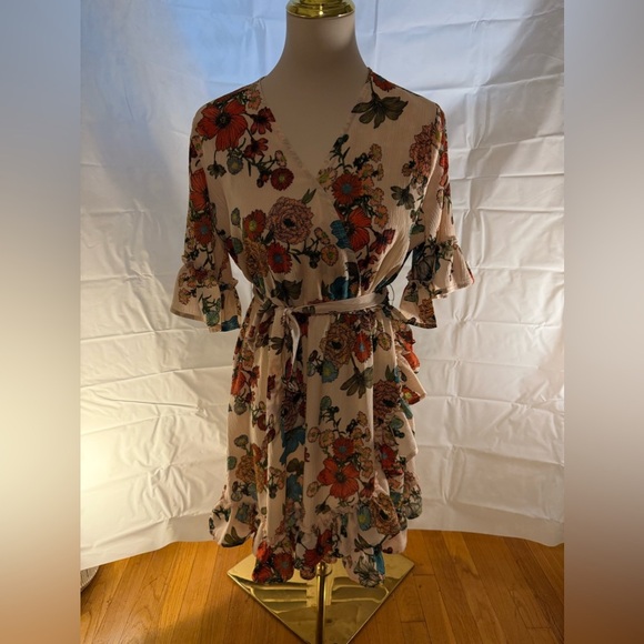 Easel Orange and Blue Ruffled Tie Front Sundress with 3/4 Flutter Sleeves - Picture 2 of 7